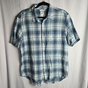 Gap Standard Fit Plaid Shirt Mens XL Short Sleeve Linen Preppy Coastal Club Blue